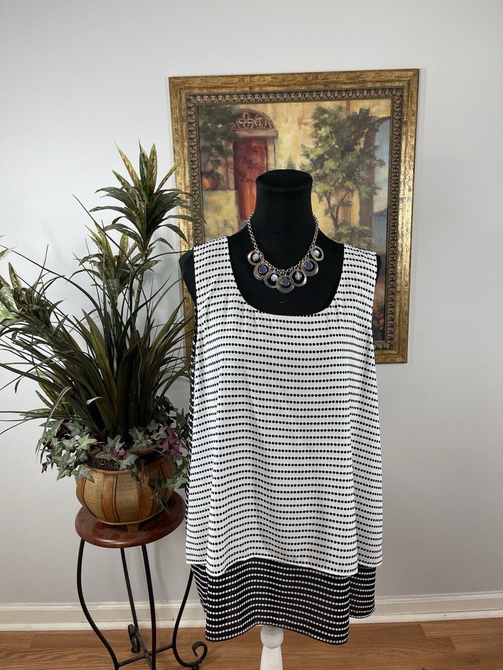 Alfani Women Blouse XL Sleeveless‎ Layered Blouse Black White Polka Dot Tunic